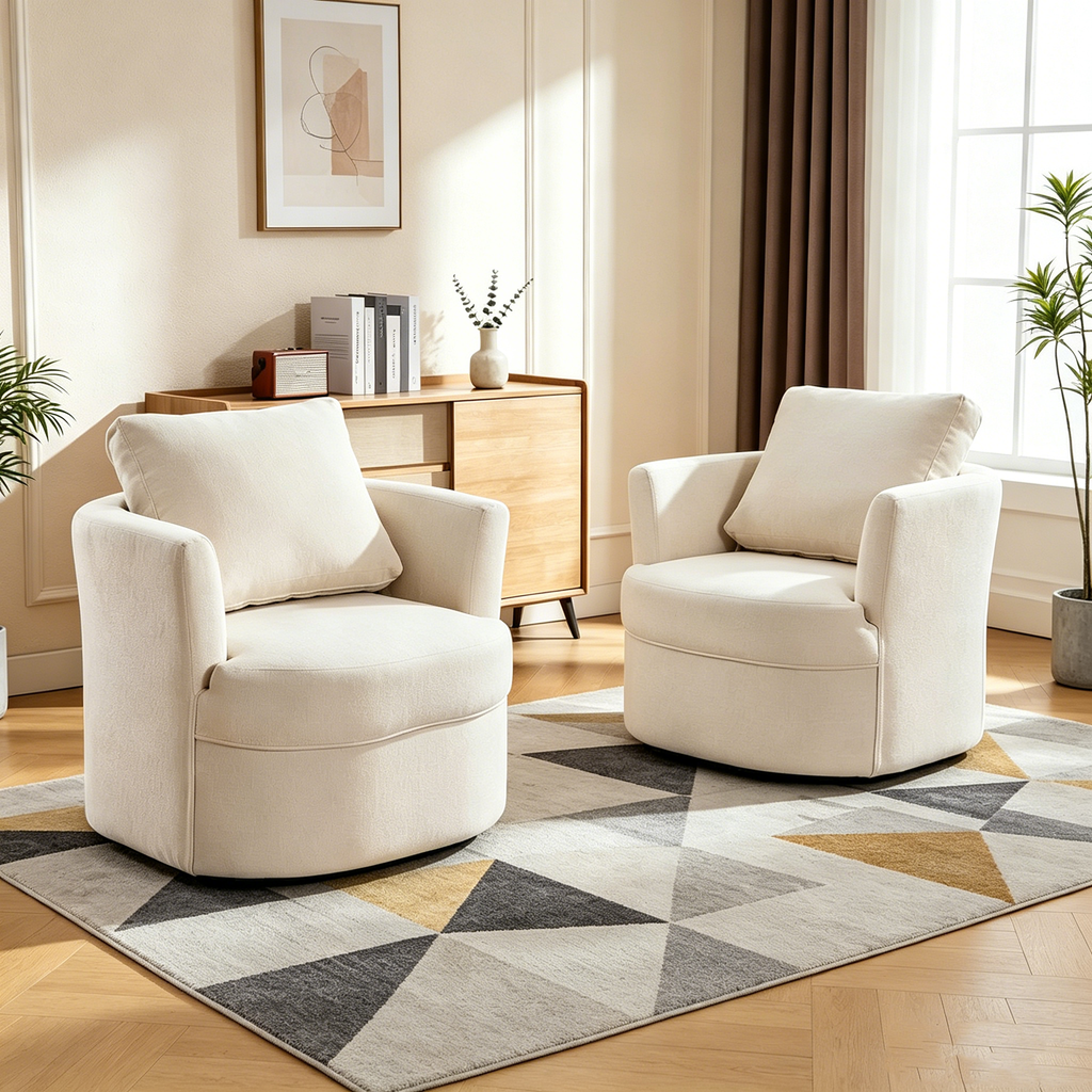 Fauteuil d'appoint pivotant avec accoudoirs arrondis et oreiller