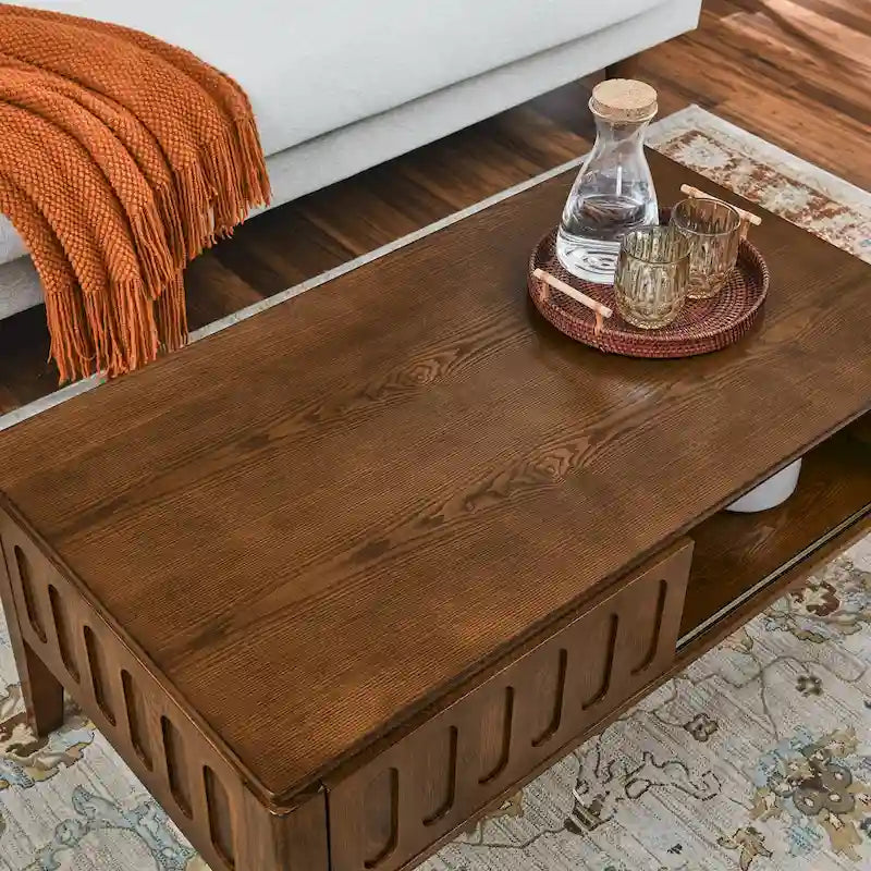Table basse texturée à rainures : Table basse en bois massif de style campagne vintage