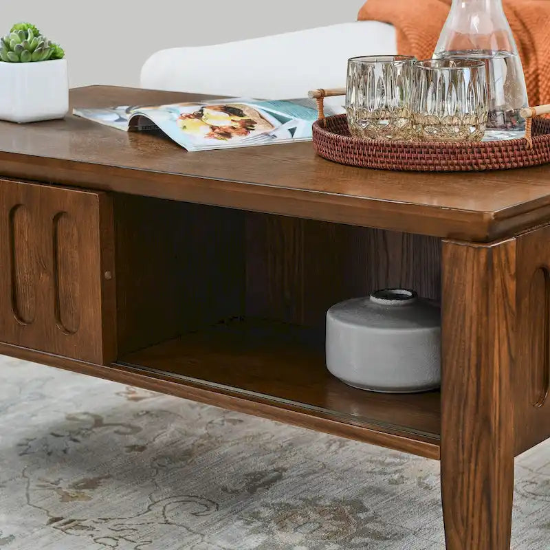 Table basse texturée à rainures : Table basse en bois massif de style campagne vintage