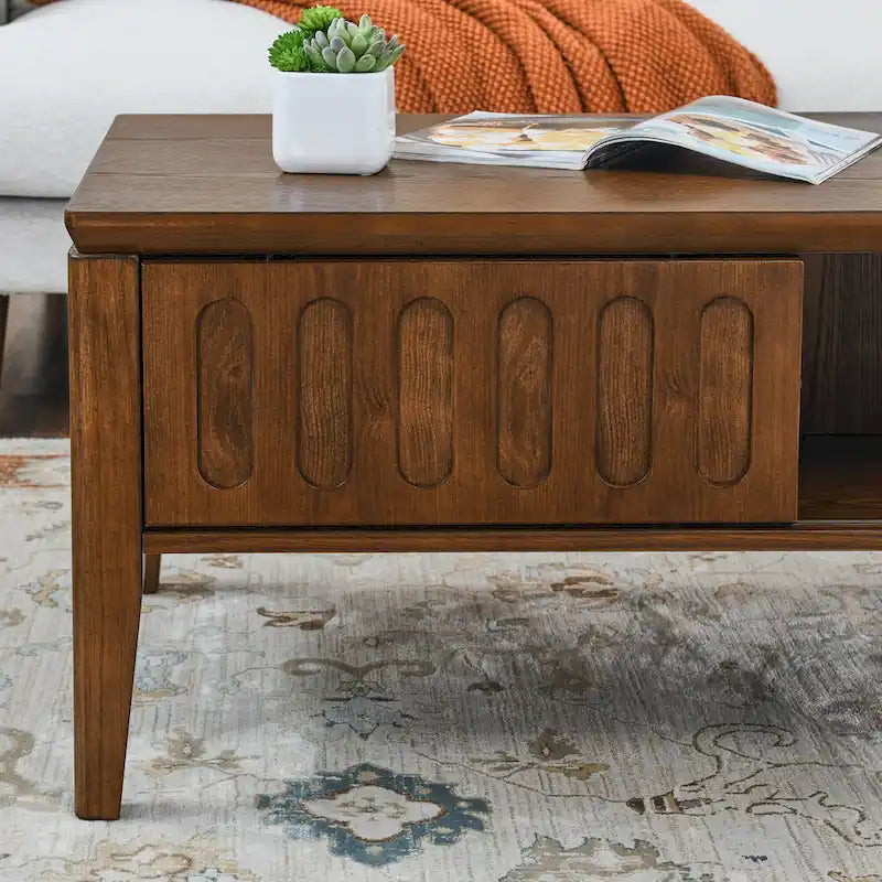 Table basse texturée à rainures : Table basse en bois massif de style campagne vintage