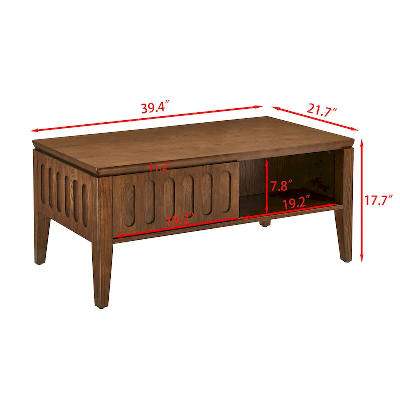 Table basse texturée à rainures : Table basse en bois massif de style campagne vintage
