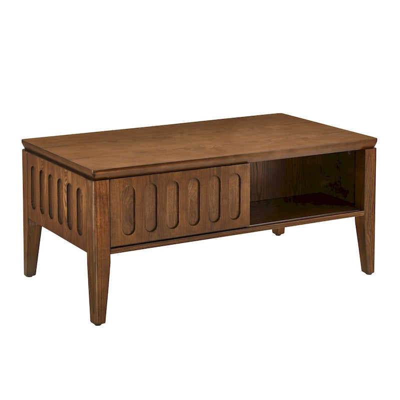 Table basse texturée à rainures : Table basse en bois massif de style campagne vintage