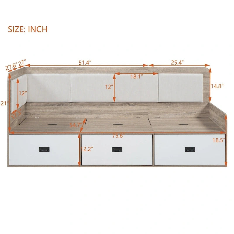 Cadre de banquette/lit de repos en bois — Lit de repos en L avec rangement