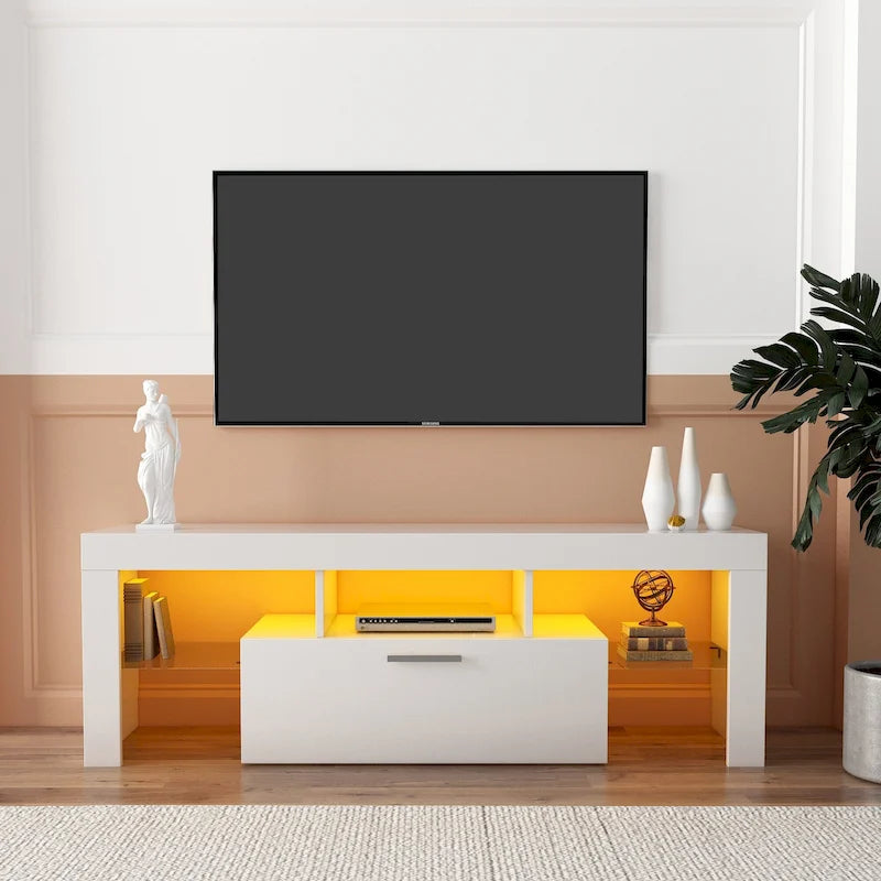 Meuble TV avec lumières LED et étagère en verre trempé