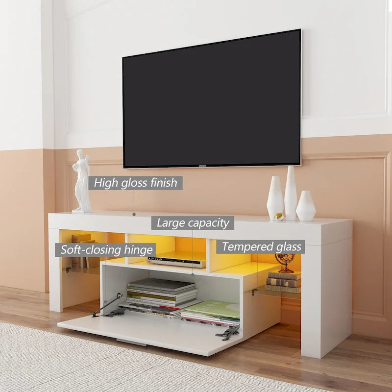 Meuble TV avec lumières LED et étagère en verre trempé