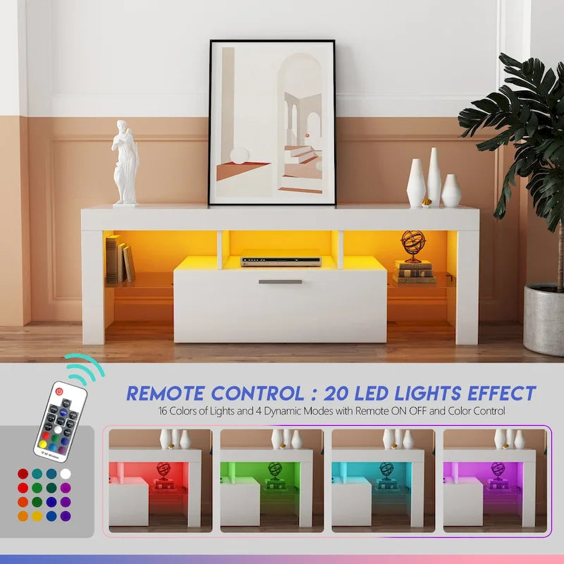 Meuble TV avec lumières LED et étagère en verre trempé