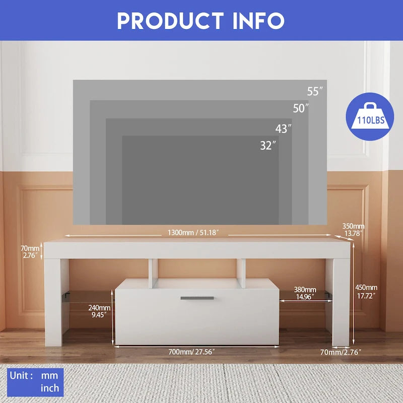 Meuble TV avec lumières LED et étagère en verre trempé