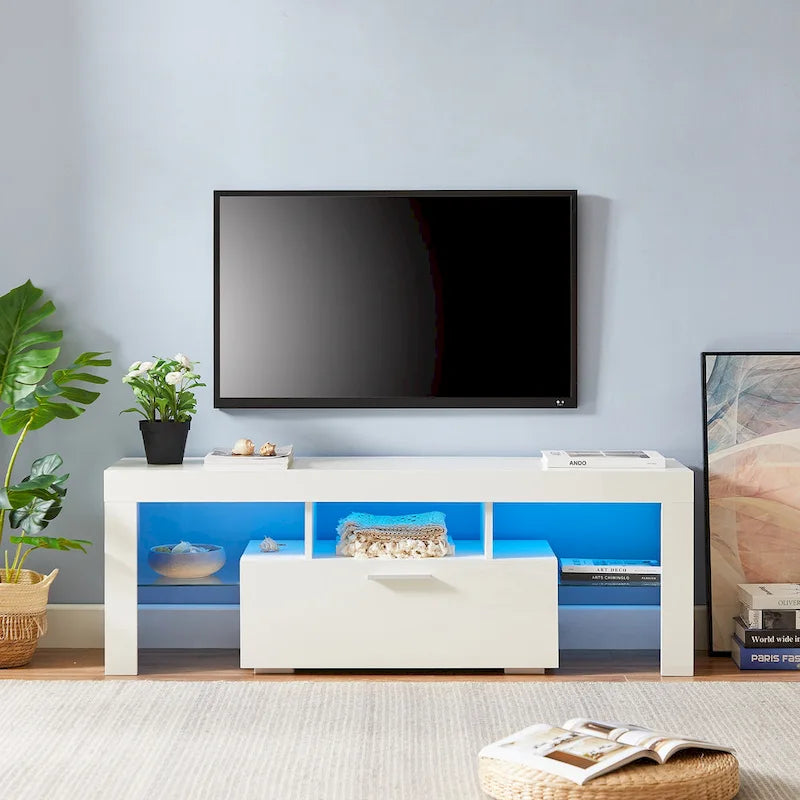 Meuble TV avec lumières LED et étagère en verre trempé