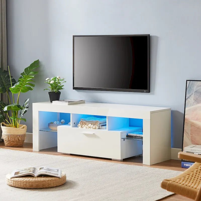 Meuble TV avec lumières LED et étagère en verre trempé