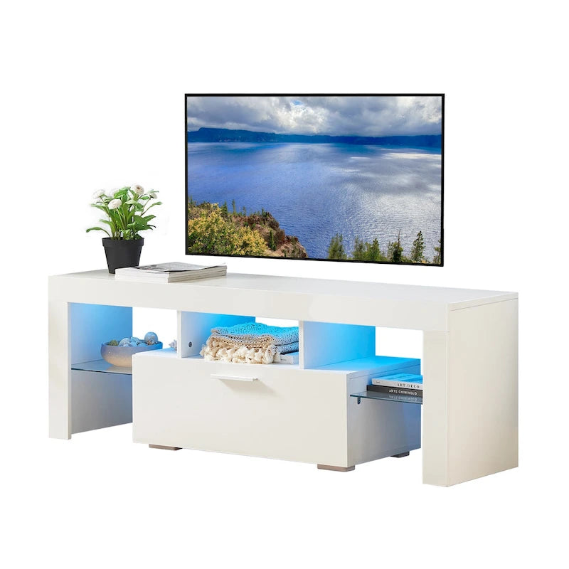 Meuble TV avec lumières LED et étagère en verre trempé