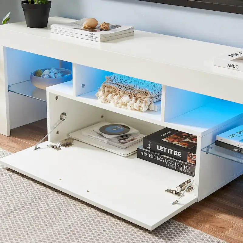 Meuble TV avec lumières LED et étagère en verre trempé
