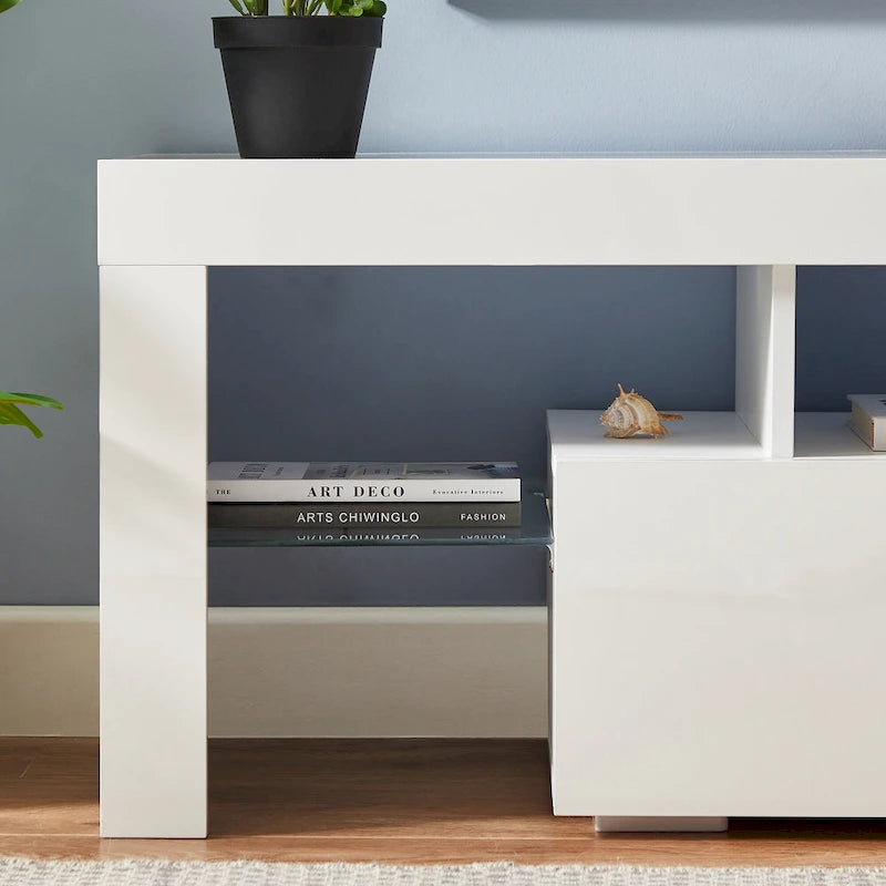 Meuble TV avec lumières LED et étagère en verre trempé
