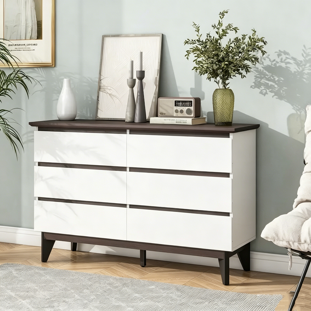 Commode en bois blanc à 6 tiroirs