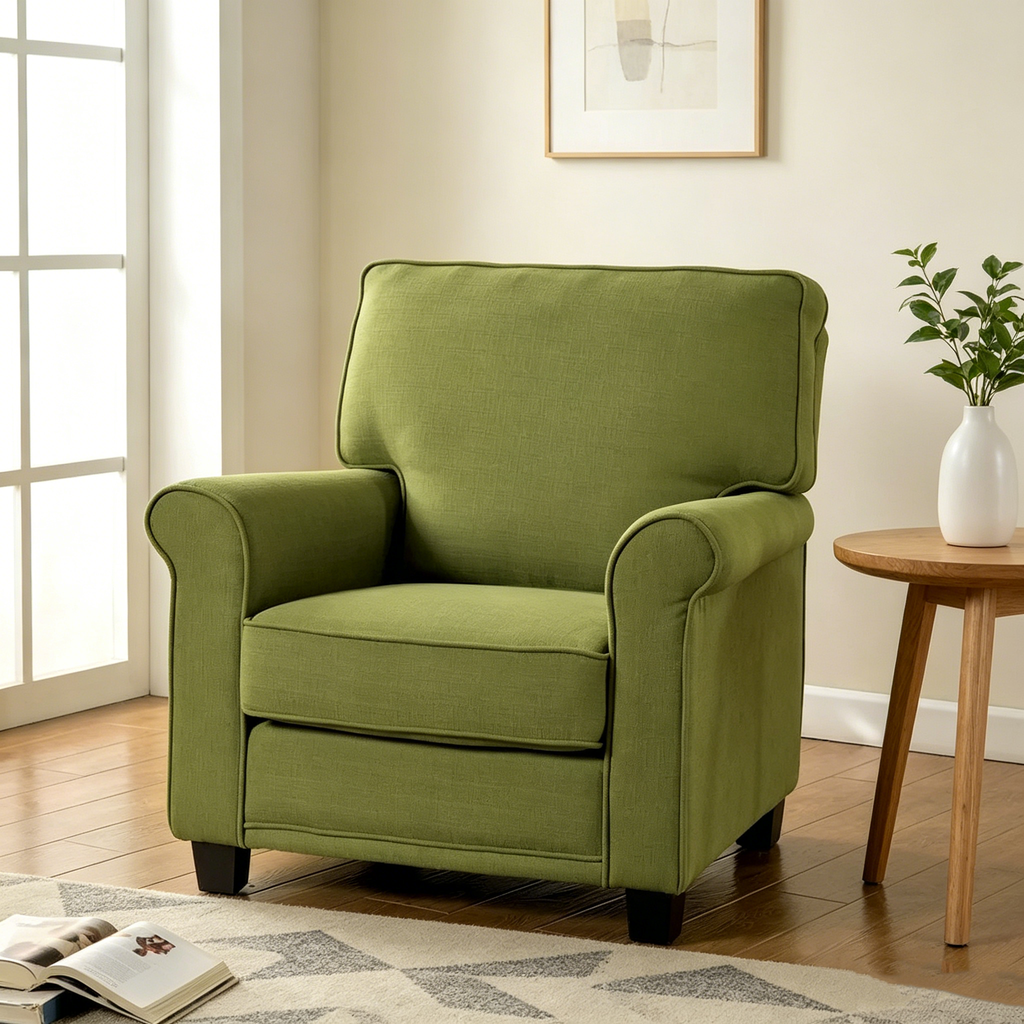 Chaise rembourrée en lin de style transitionnel avec accoudoirs roulés