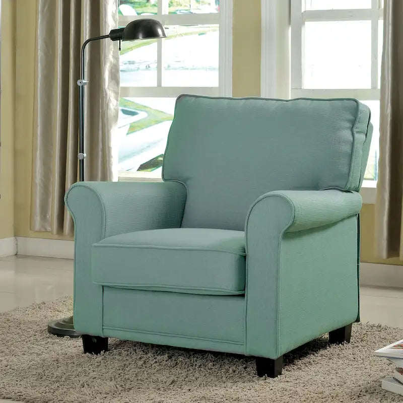Chaise rembourrée en lin de style transitionnel avec accoudoirs roulés
