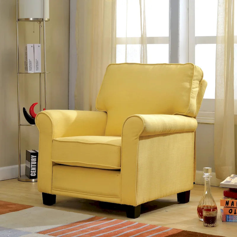 Chaise rembourrée en lin de style transitionnel avec accoudoirs roulés