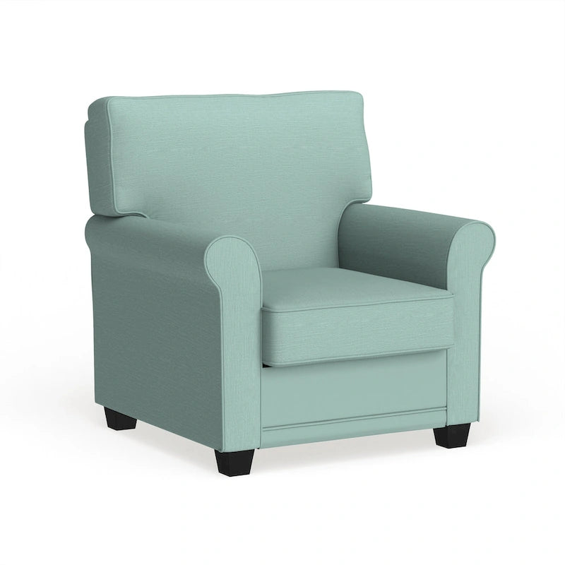 Chaise rembourrée en lin de style transitionnel avec accoudoirs roulés