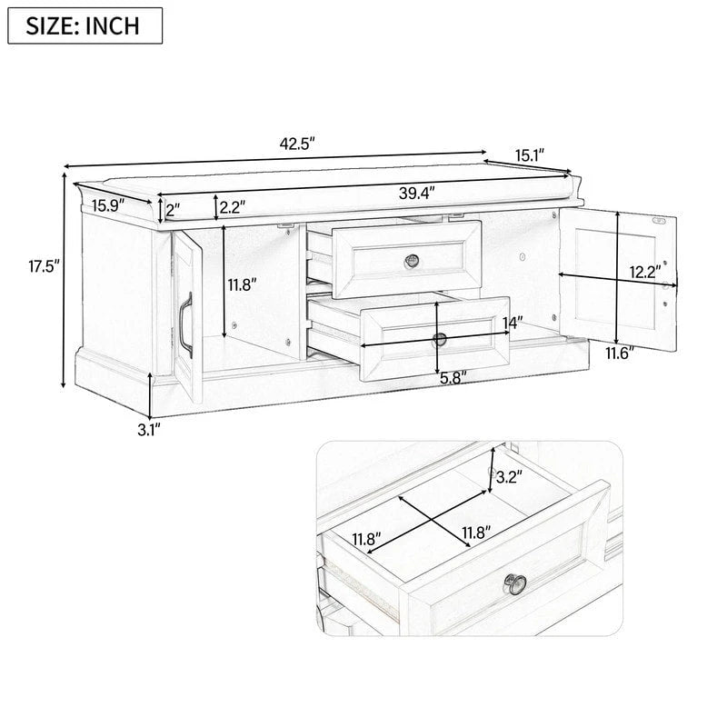 Banc de rangement avec 2 tiroirs et 2 placards
