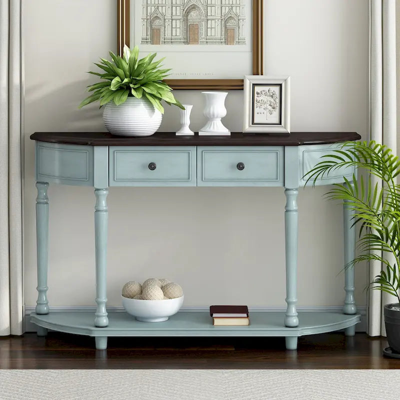 Console en bois rétro avec étagère ouverte et deux tiroirs