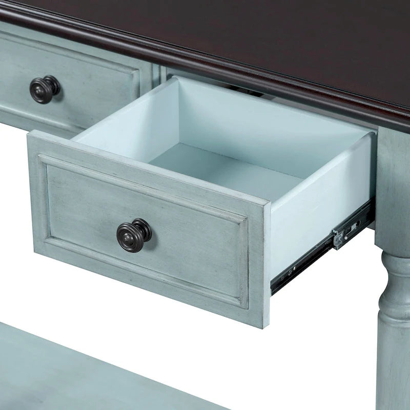 Console en bois rétro avec étagère ouverte et deux tiroirs