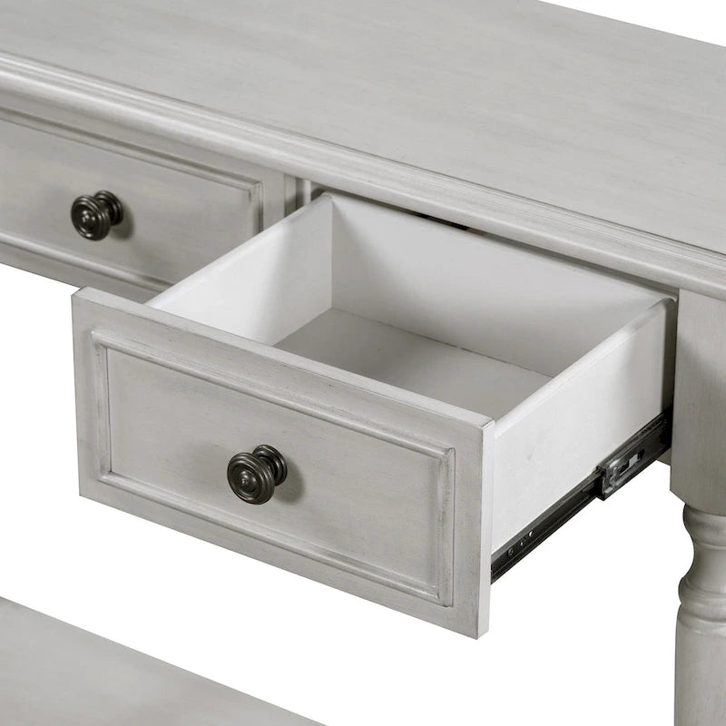 Console en bois rétro avec étagère ouverte et deux tiroirs