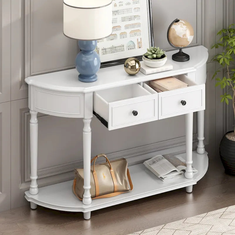 Console en bois rétro avec étagère ouverte et deux tiroirs