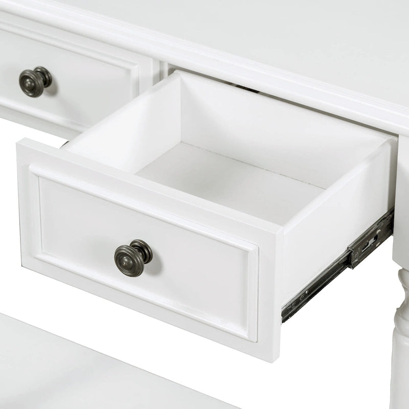 Console en bois rétro avec étagère ouverte et deux tiroirs