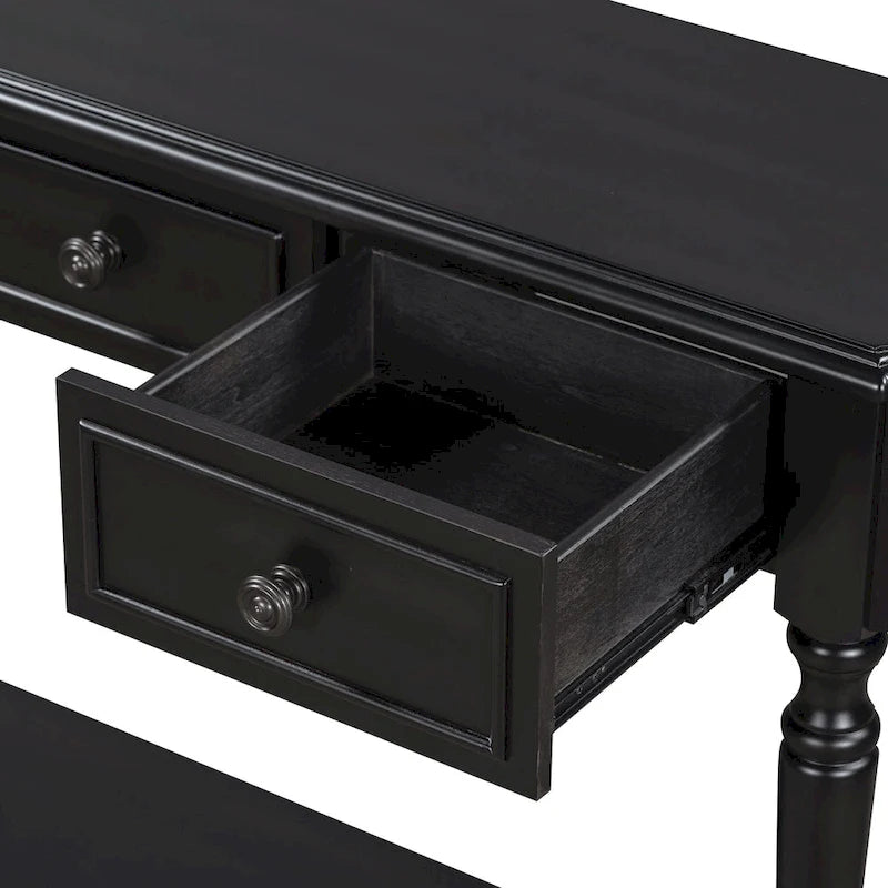 Console en bois rétro avec étagère ouverte et deux tiroirs