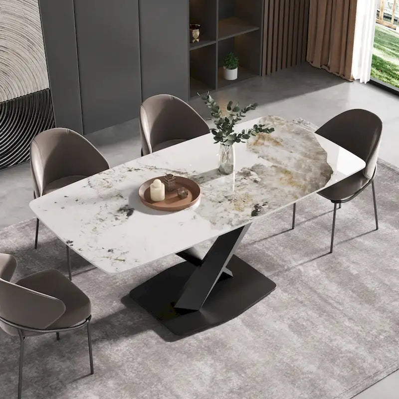 Table à manger moderne en marbre artificiel avec base en acier au carbone