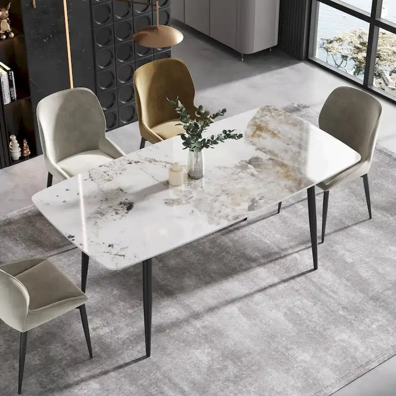 Table à manger moderne en marbre artificiel avec base en acier au carbone