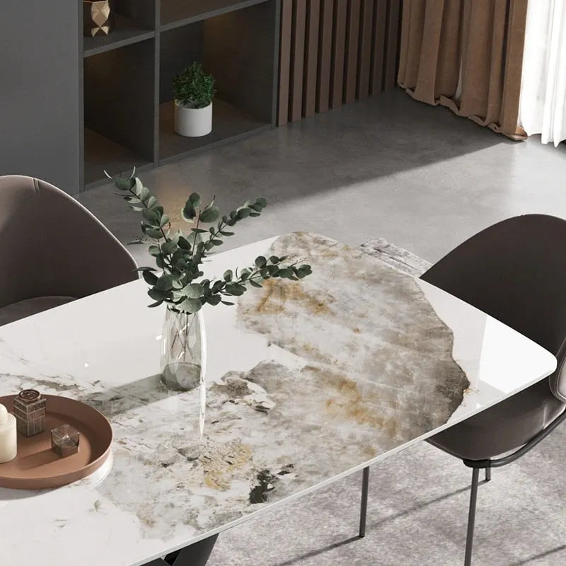 Table à manger moderne en marbre artificiel avec base en acier au carbone