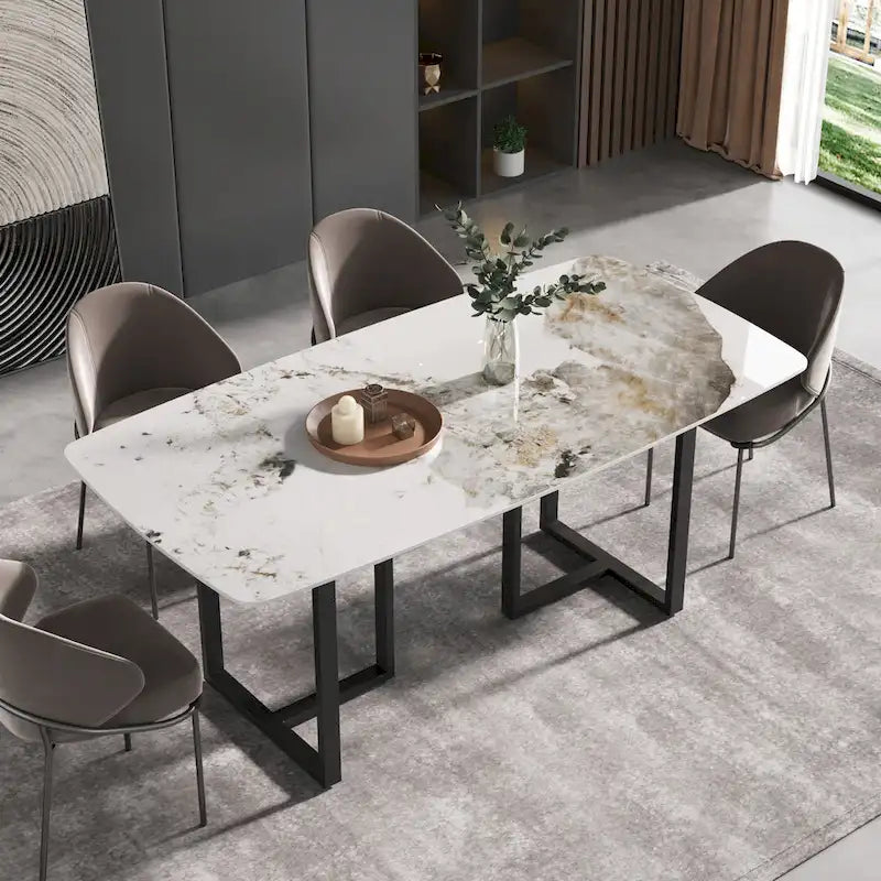 Table à manger moderne en marbre artificiel avec base en acier au carbone