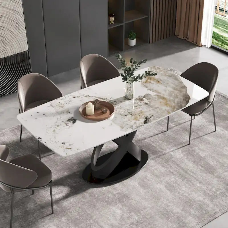 Table à manger moderne en marbre artificiel avec base en acier au carbone