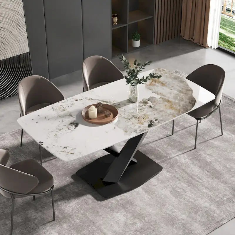 Table à manger moderne en marbre artificiel avec base en acier au carbone