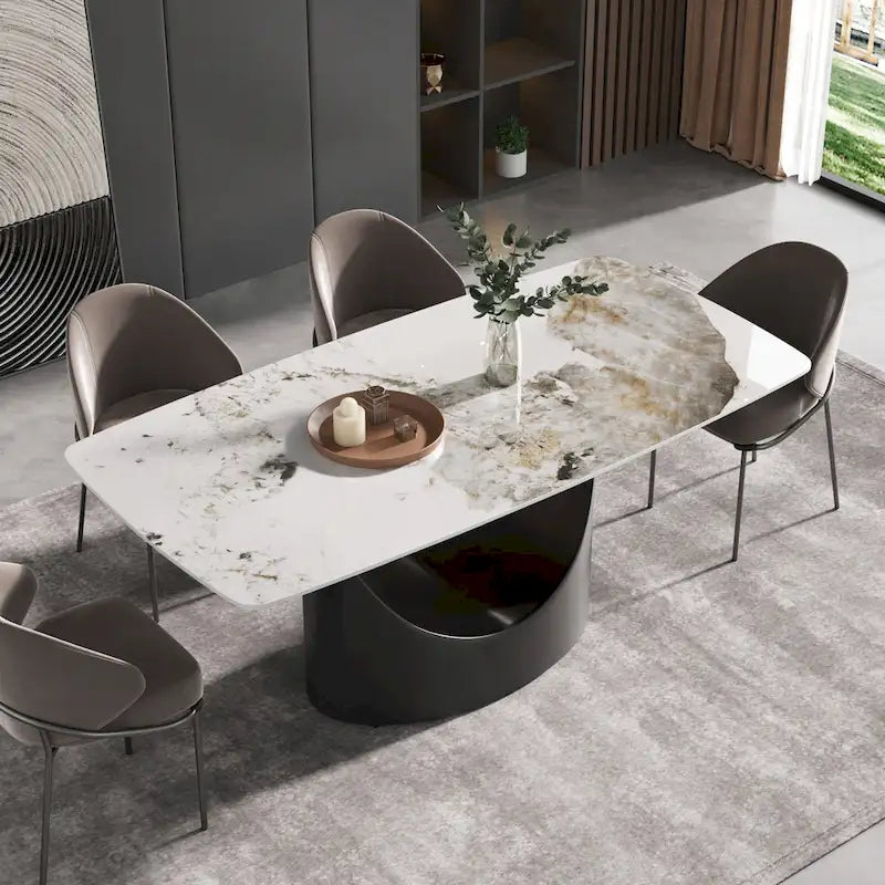 Table à manger moderne en marbre artificiel avec base en acier au carbone