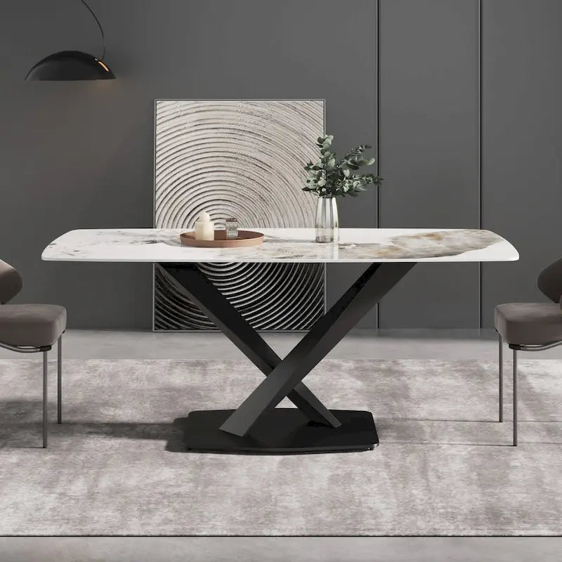 Table à manger moderne en marbre artificiel avec base en acier au carbone