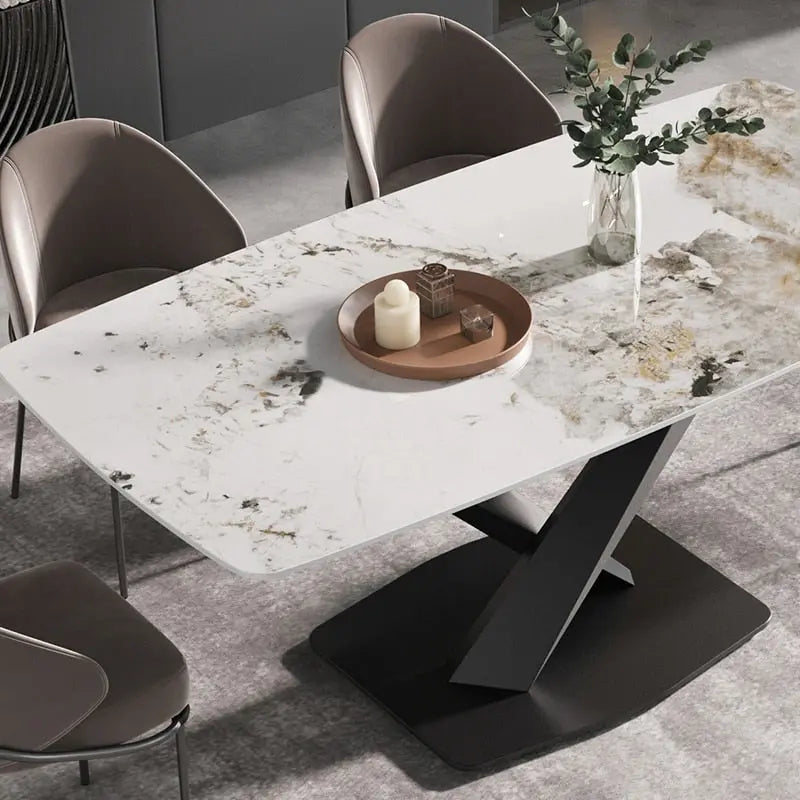 Table à manger moderne en marbre artificiel avec base en acier au carbone