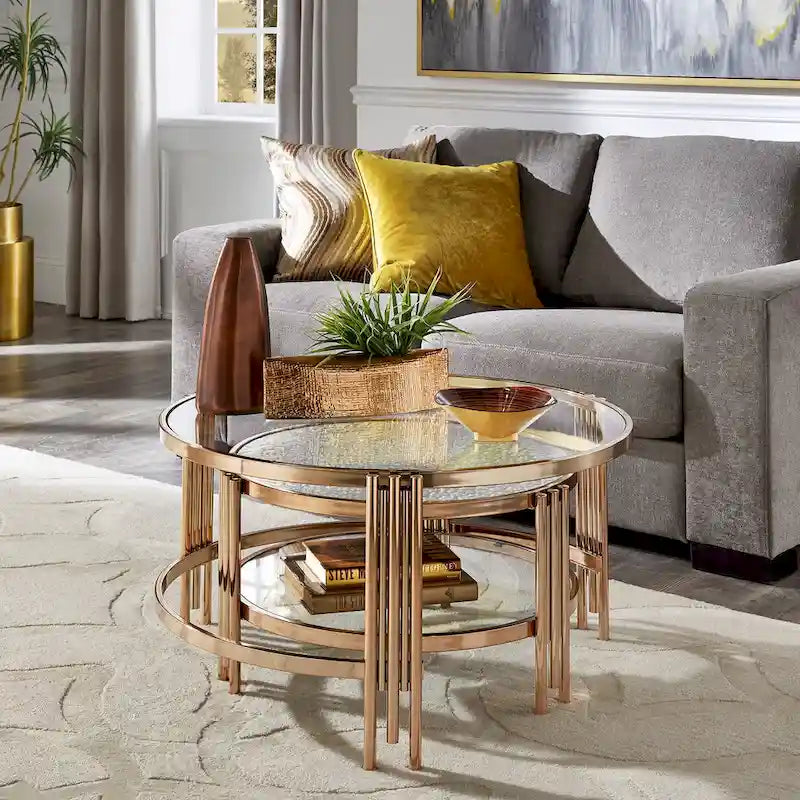 Table basse en verre texturé finition or champagne avec étagère