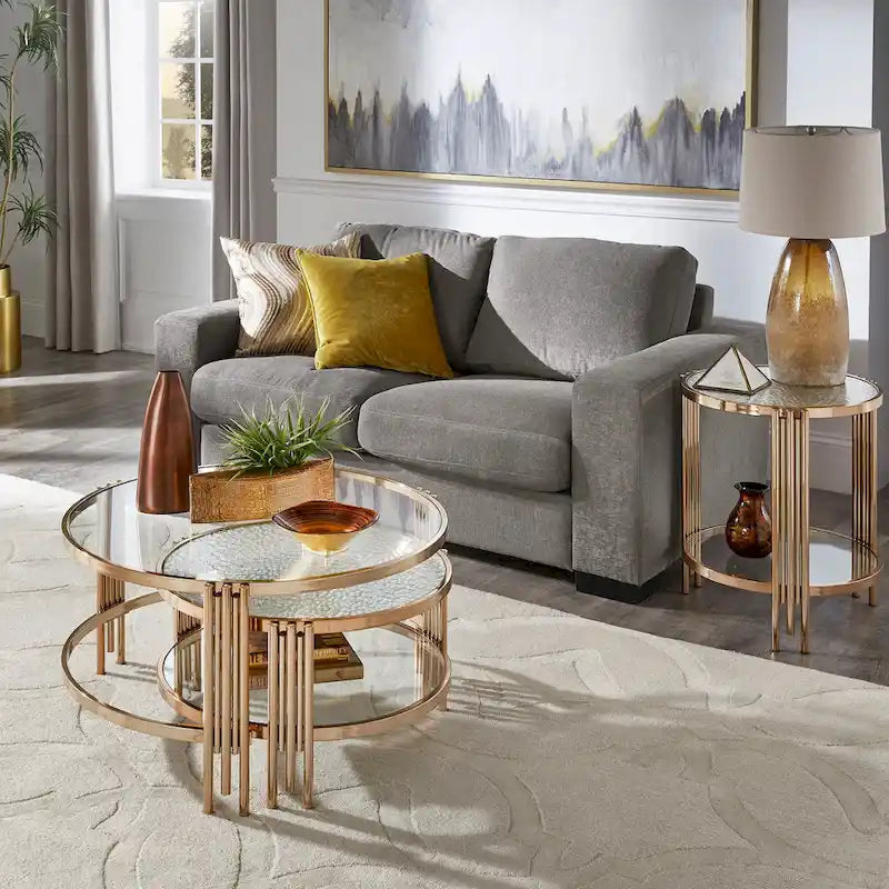 Table basse en verre texturé finition or champagne avec étagère