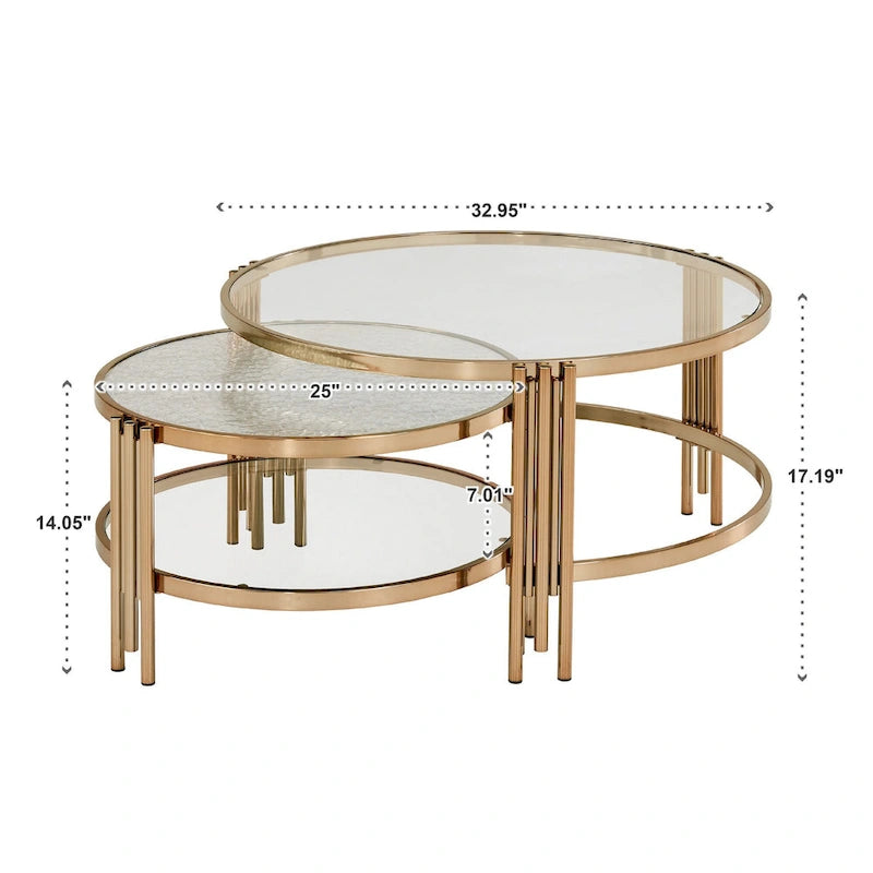 Table basse en verre texturé finition or champagne avec étagère