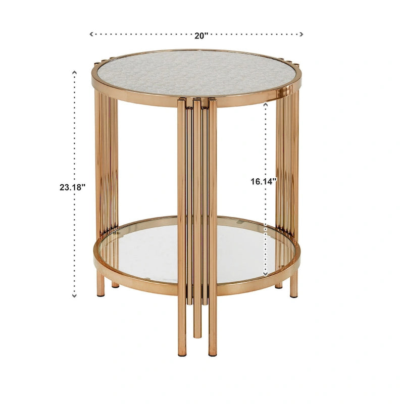 Table basse en verre texturé finition or champagne avec étagère