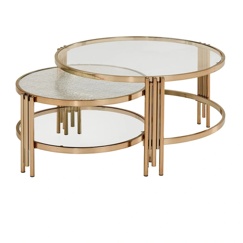 Table basse en verre texturé finition or champagne avec étagère