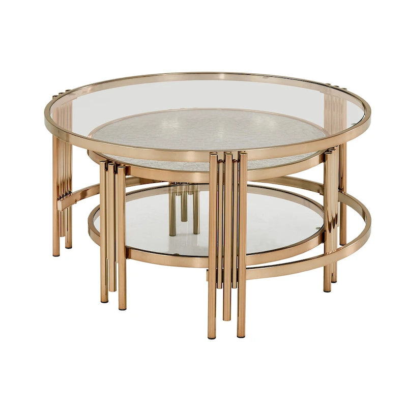 Table basse en verre texturé finition or champagne avec étagère