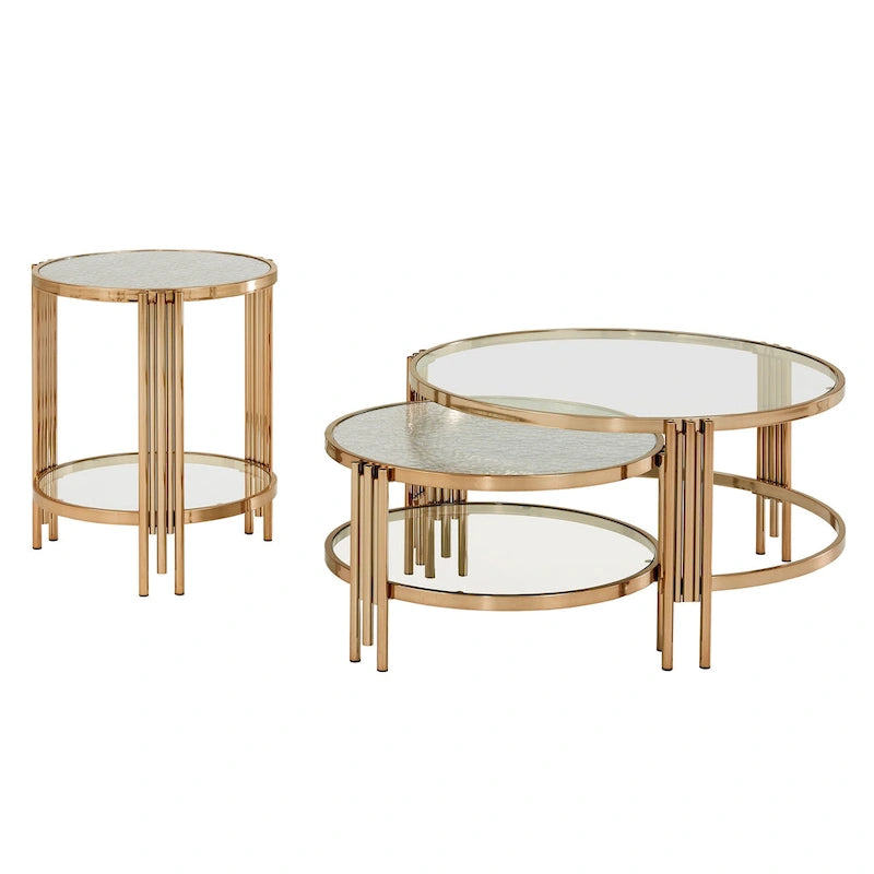 Table basse en verre texturé finition or champagne avec étagère