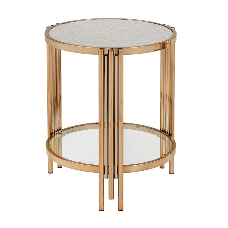 Table basse en verre texturé finition or champagne avec étagère