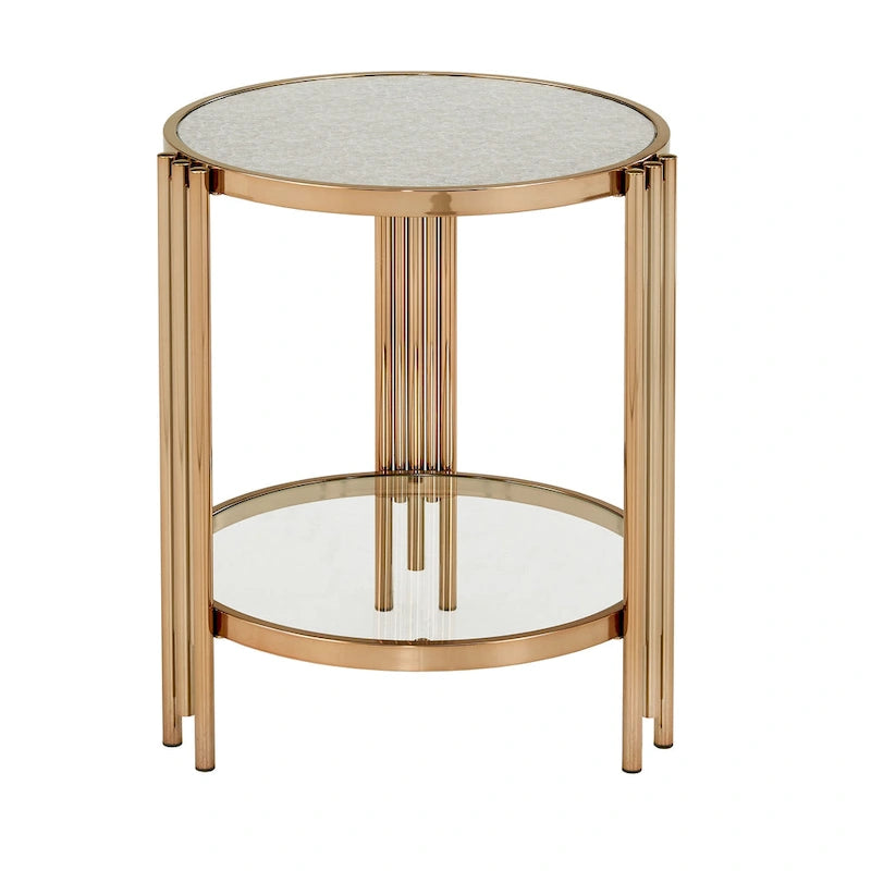 Table basse en verre texturé finition or champagne avec étagère