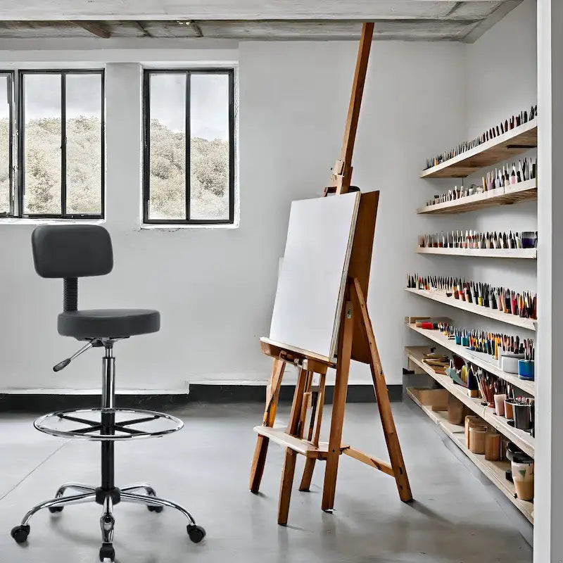 Tabouret de travail roulant réglable avec siège en similicuir et repose-pieds pliable