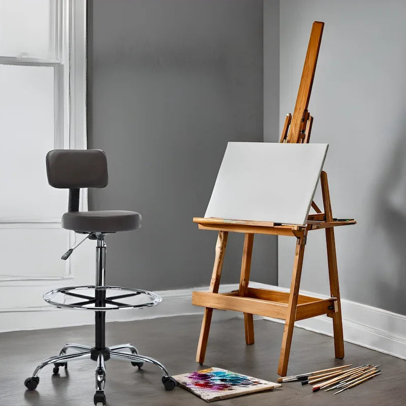 Tabouret de travail roulant réglable avec siège en similicuir et repose-pieds pliable