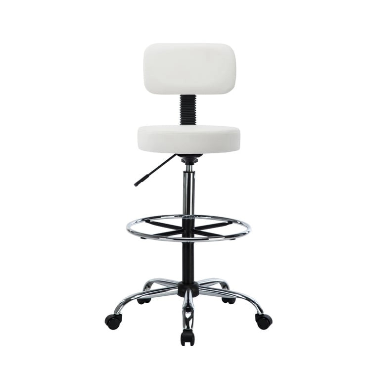 Tabouret de travail roulant réglable avec siège en similicuir et repose-pieds pliable