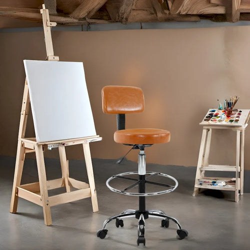 Tabouret de travail roulant réglable avec siège en similicuir et repose-pieds pliable